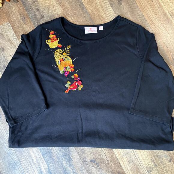 Quacker Factory Women's Black Embroidered Autumn Fall Cornucopia Top 1X - Picture 8 of 8